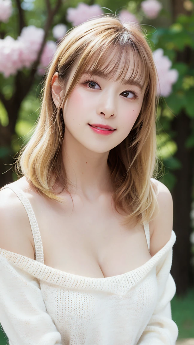 ((highest quality、Masterpiece、High resolution))、(((Zoom photo of upper body、Blonde Hair)))、(A shy smile:1.2)、One woman、Beautiful Skin、Beautiful Eyes、Cleavage、Shoulder、sweater、Trimmed bangedium Hair