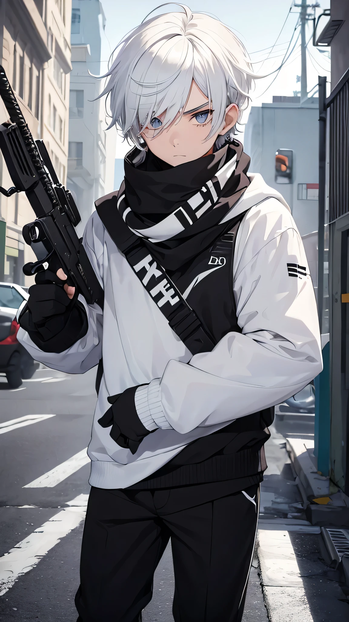 Boy with white hair;
shorth hair;
Messy hair;
eye white;
Some gun sight marks on the pupils;
wear black pants;
black jersey;
A white sweater;
A white scarf;
Pupilas brancas cor neve 

A sniper tem a cor branca também 
There's a white sniper on the back;


Ele está deitado no chao mirando com a sniper 