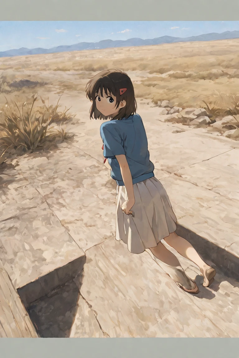Detailed and perfect anime style illustration, brown short hair, very cute young woman, perfect round eyes, female focus, solo, wearing gray shirt, wearing a gray very long skirt. Sitting on the ground with his knees, holding his knees with both hands, angle from the side, very sad expression, wearing brown pumps, daydreams, mysterious background wrapped in dramatic and fantastic mist, brown cracked wall in the immediate vicinity, large rubble scattered around, dramatic lighting Makoto Shinkai