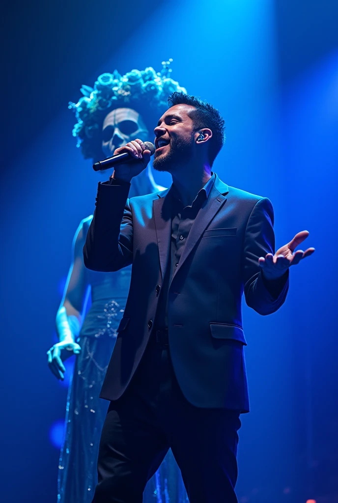 Gera mx in pose 3/4 at a concert with blue light, singing with his right hand with his microphone, his left hand extended to the front. With a catrina behind him with lots of flowers on his head