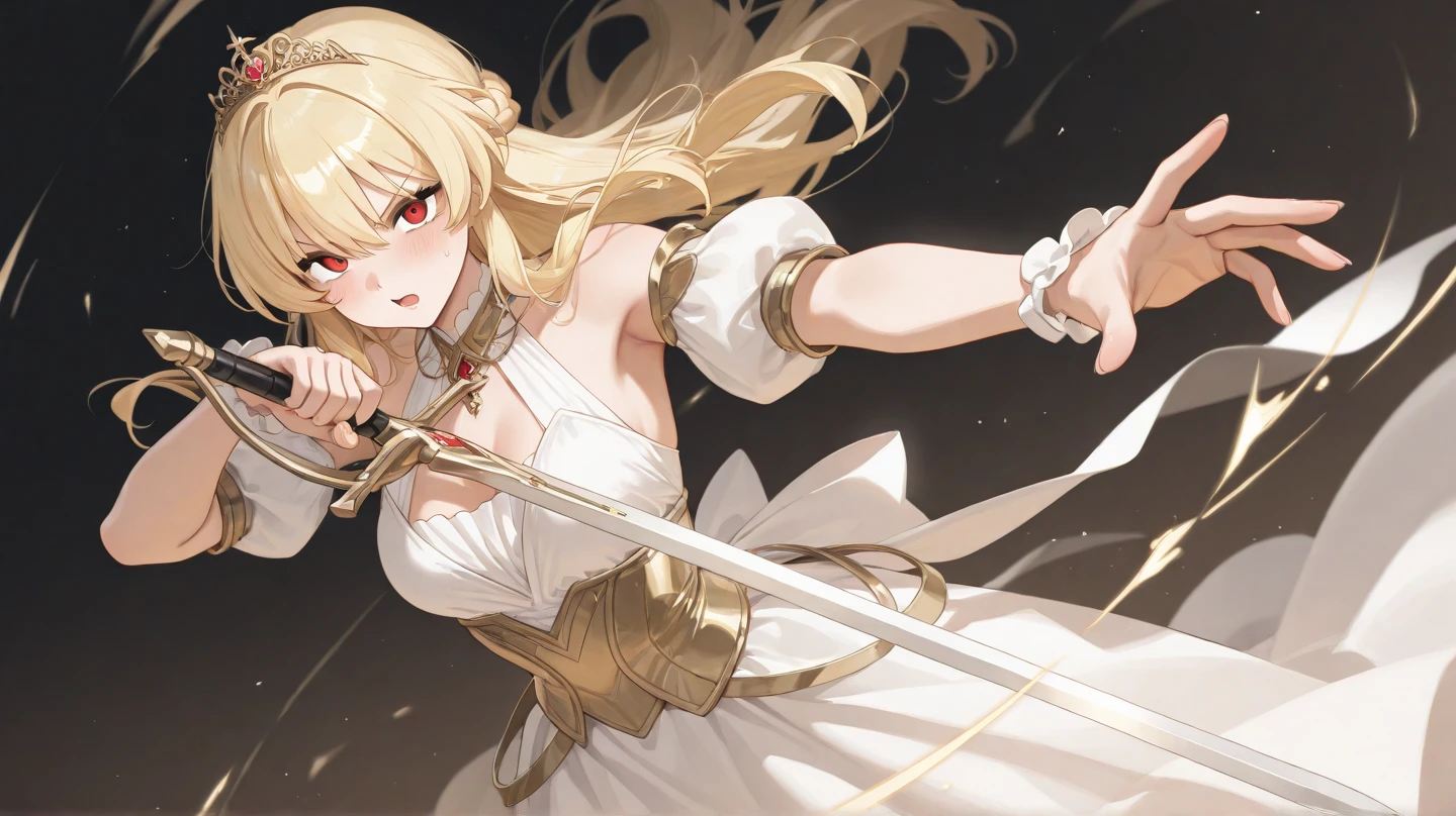 best quality, masterpiece,highly detailed,anime,1girl,mature female,upper body,(jeanne d'arc),medium breasts,perfect face,blond hair,long hair,(bare shoulder),armored dress,(plackart),white clothes,breasts covered by white clothes,(headwear),chain,flag,battlefield in background,depth of field,looking at viewer,cinematic lighting,