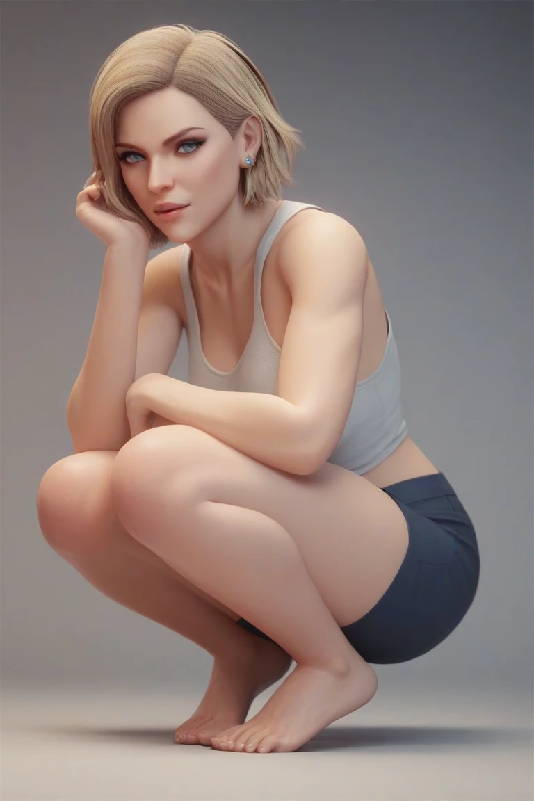 There is a drawing of a woman sitting on a black surface, character is in her natural pose, cell-shaded animation for adults, neutral pose, pose study, hands behind her body!, casual pose, sketchy art style, sitting pose, sexy pudica pose, her tiny hands are on her thighs, elegant floating pose, pretty face with arms and legs, underwear, black simple underpants,  wears only a black sports bra, belly-bare, off-the-shoulder, very slim, 16 years old, 16 year old girl, blonde hair, cameltoe, detailed hands and feet, extremely high resolution, best quality, very good lighting, artistic play of light and shadow, no top, no t-shirt, small delicate feet, five toes on each foot, five fingers on each hand, torsoless, thin, elegant breasts
