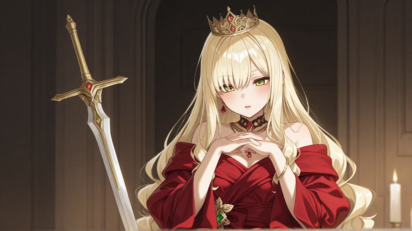 ((Highest quality)), ((masterpiece)), (detailed), (Perfect Face)、The woman is Asuna Yuki, the evil queen of Grimhild, with light brown, medium-long hair, lipstick, heavy eyeshadow, and other gaudy makeup.、The woman is dressed in a black Victorian dress with gorgeous gold embroidery and trim, a black cowl that fits her face, gorgeous earrings, and is adorned with gorgeous accessories. She is wearing a gorgeous and magnificent golden crown, and is dressed as an evil queen. She is a beautiful evil queen who is reigning on a gorgeous throne.