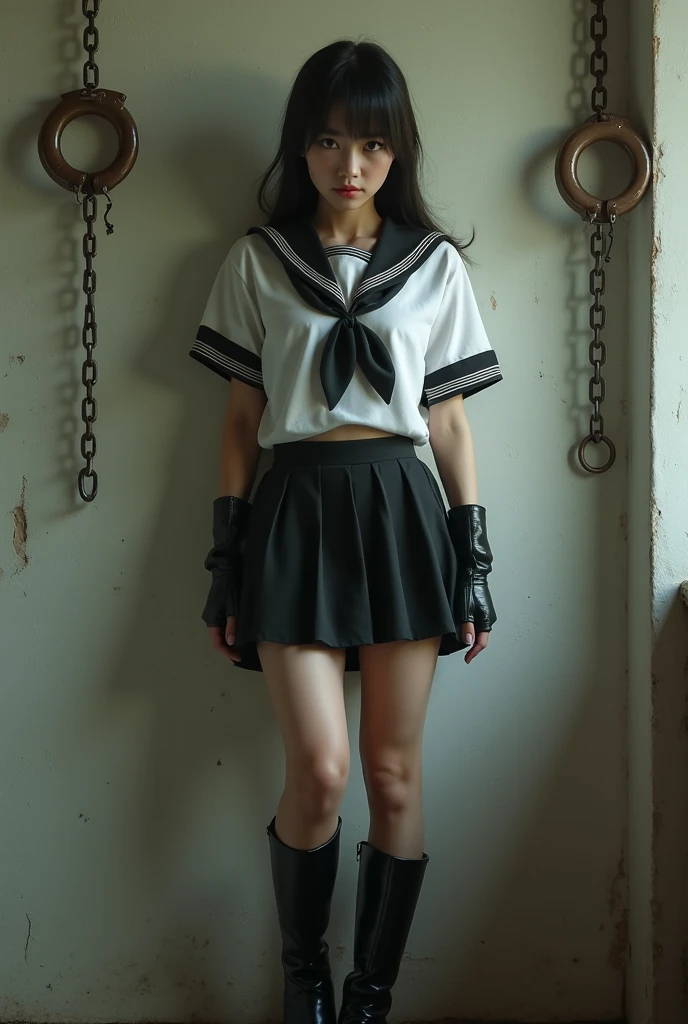 1 Girl&#39;s whole body is shown、A handsome girl with short black undercut hair is forced to stand in the hallway with her hands tied behind her back with a rough rope.、Idol-class cuteness、Embarrassed expression that looks like it&#39;s about to cry、slender、healthy thighs、sweaty skin、The upper body is in school uniform and the lower body is in bloomers.、anatomically correct、exact limbs、precise fingers、Standing in the school hallway、masterpiece、photorealism、