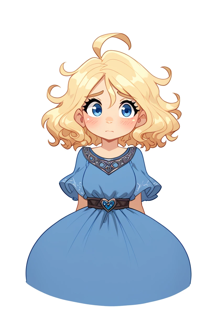 absurdres, high quality, masterpiece, Rapscallionstyle, solo, girl, white background, blue dress, fantasy dress, blonde hair, wavy hair, blue eyes, hyper hips, short hair, upper body, shy