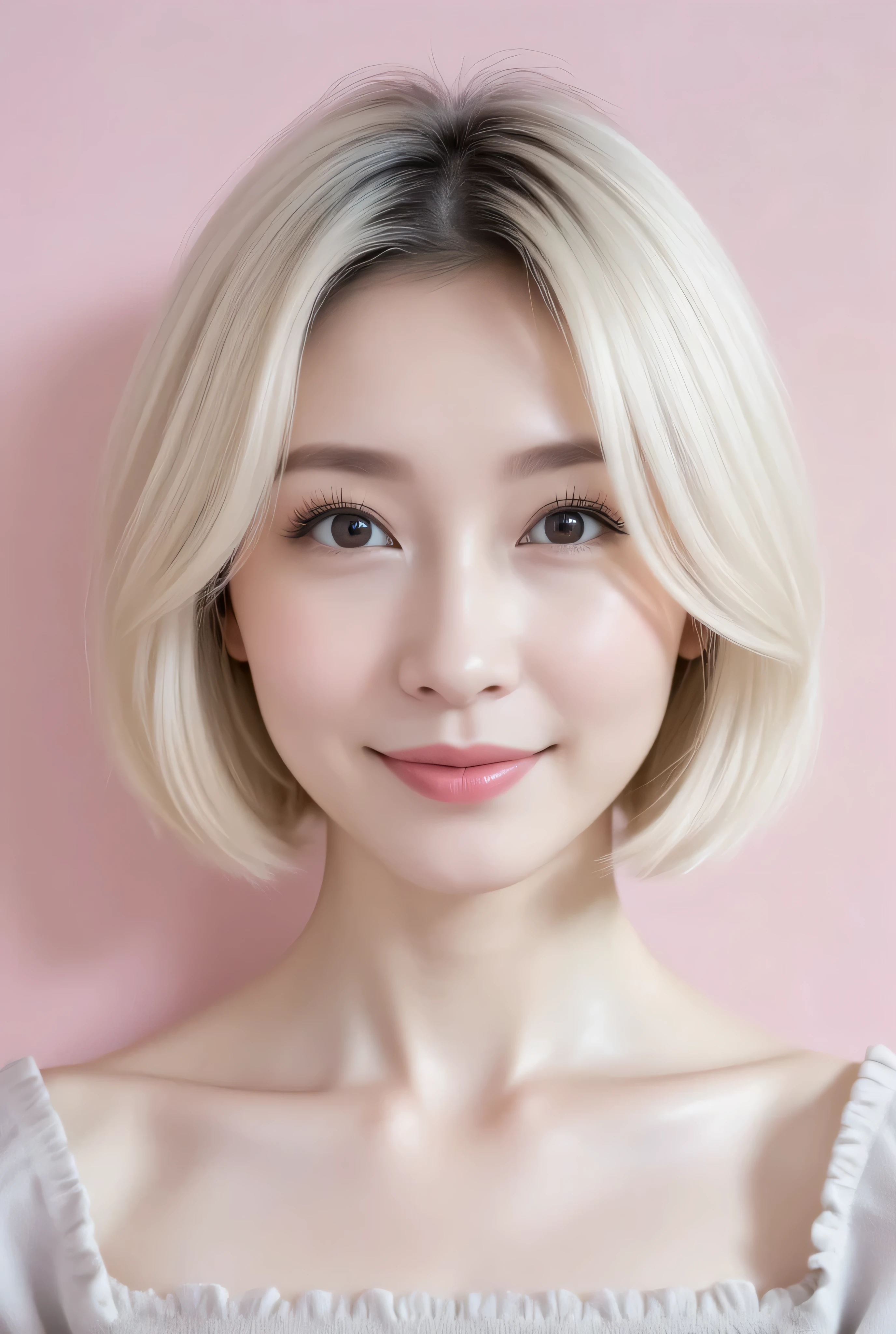 Smartphone photo of a cute 30-year-old Japanese woman. She has white-beige hair color and a short mini bob hairstyle. Natural look, front facing medium shot, photographed with a pale pink wall in the background. Highlights hair texture and smooth skin, high resolution, bright lighting.