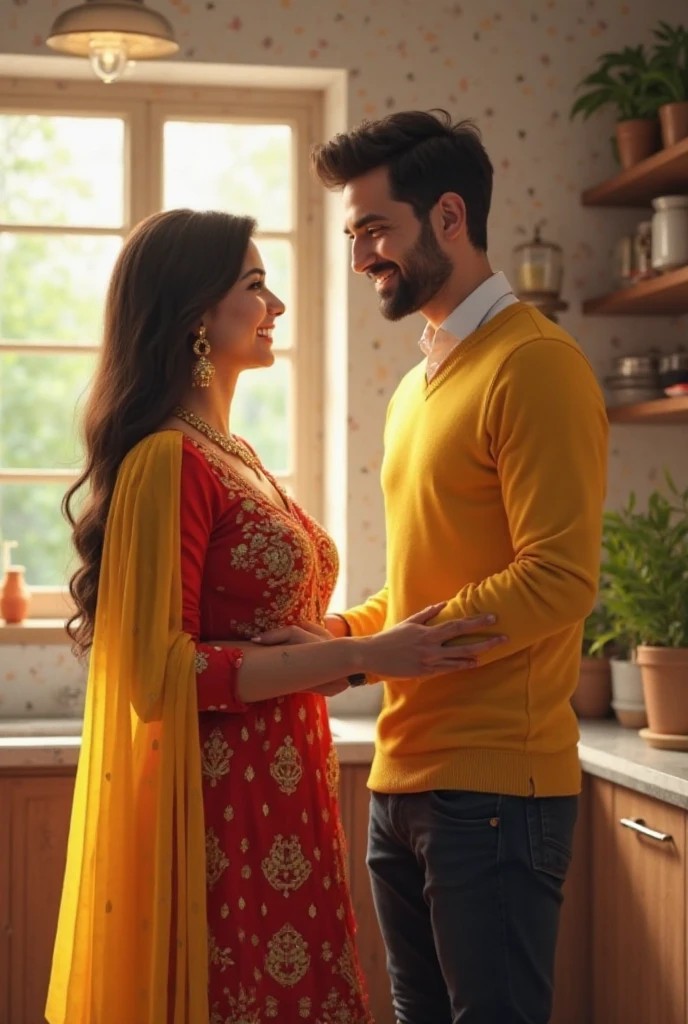 Create a realistic photograph of a smiling and beautiful indian actress in red satin carrying a large man on her shoulders in a room, man is sitting on top of her shoulders , man on top, woman at bottom , she is bending down