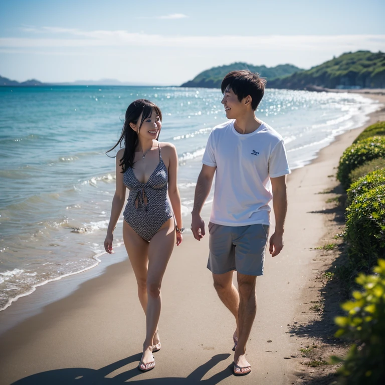 A video with a couple running happily on the beach, holding hands and smiling 
