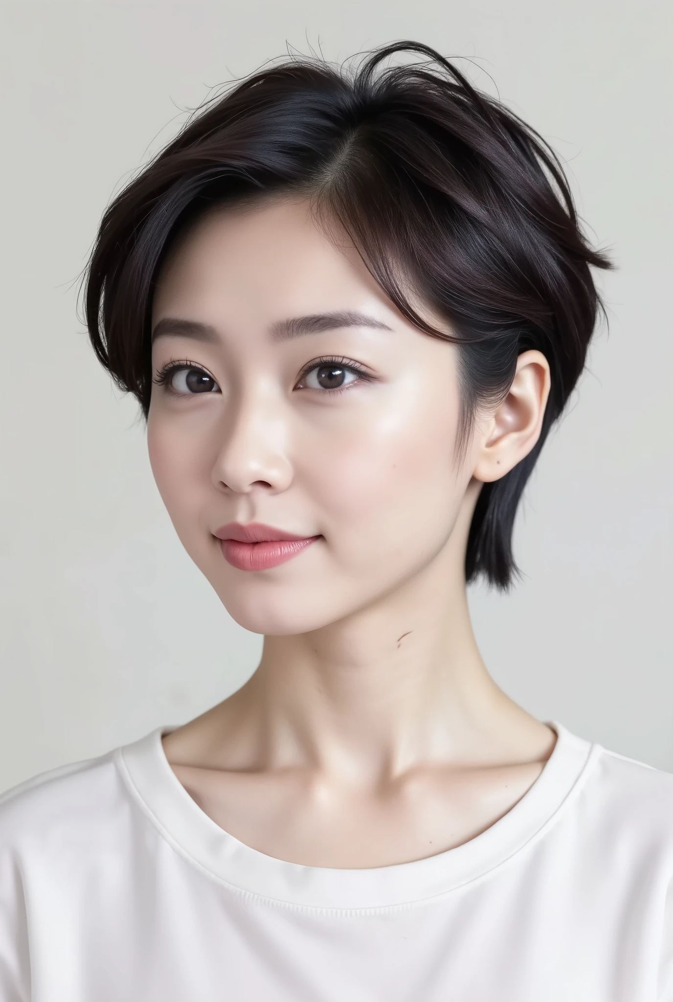 Smartphone photo of a cute 30-year-old Japanese woman. She has white-beige hair color and a short mini bob hairstyle. Natural look, front facing medium shot, photographed with a pale pink wall in the background. Highlights hair texture and smooth skin, high resolution, bright lighting.
