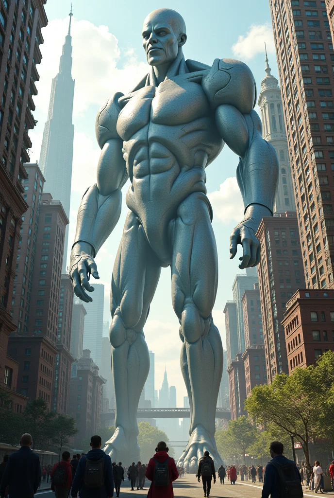 Giant statue in a park of a strong man in his underwear lying down, being admired by curious people.