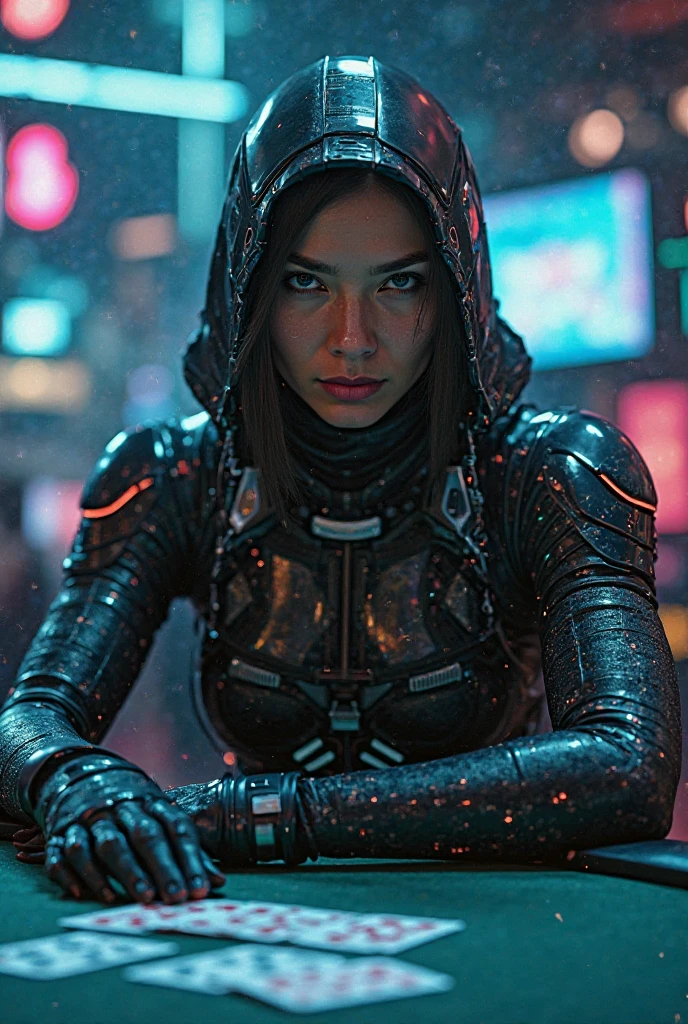 Professional photo in cyberpunk style, thigh-high photo, one man, metal skull, scar on face, metal torso, metal arms, old rusty armor, night city, neon lights, eye contact, looking at viewer, masterpiece, best quality, perfect  detail, perfect face detail, perfect eye detail, perfect skin detail, depth of field, perfect lighting