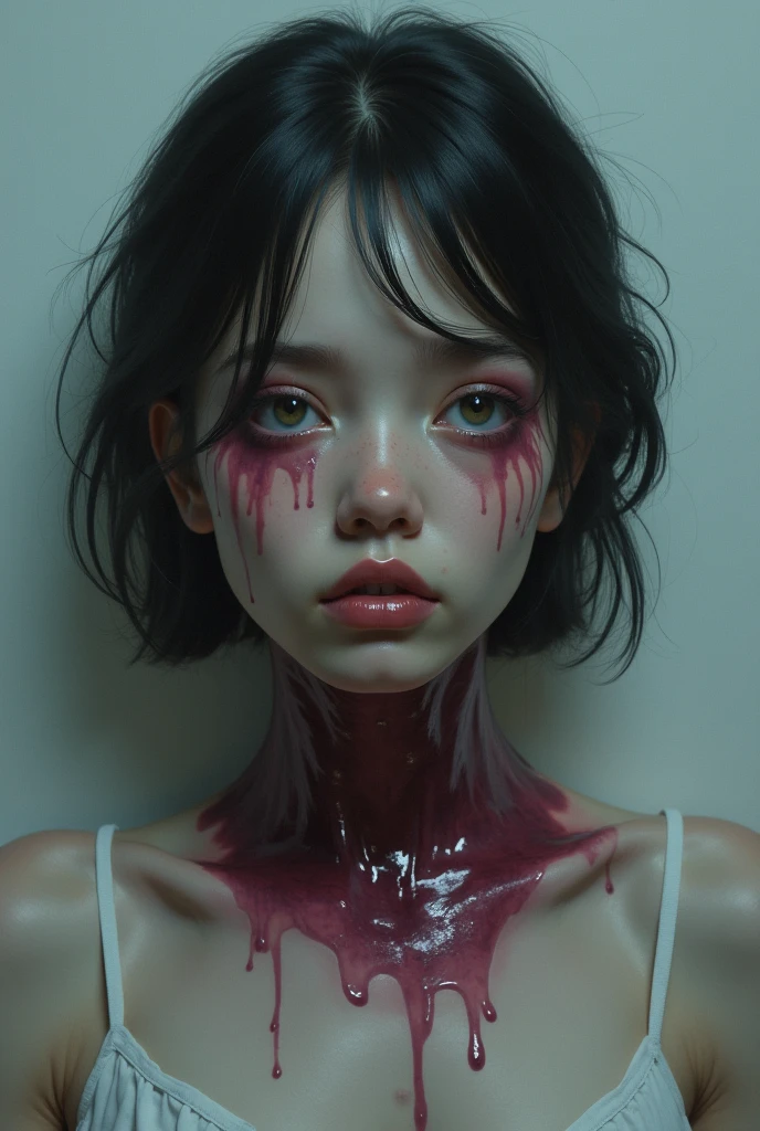 A bizarre, unsettling scene of a reality constructed entirely from meat, flesh, organs, and blood. The landscape is a grotesque mix of limbs, entrails, and veins that form a twisted, nightmare-like environment. Distorted humanoid figures made of flesh and blood are seen wandering through this macabre world, their expressions a mix of horror and confusion.