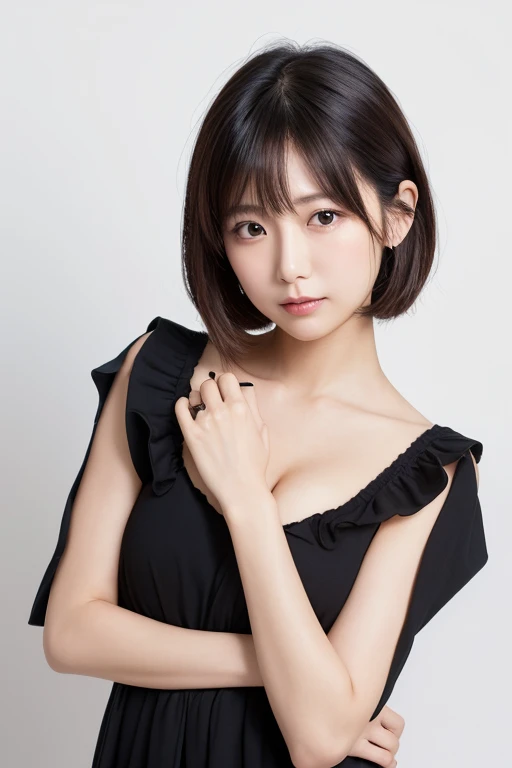 Shorthair woman with black hair、Facing the front、Above the chest is shown.、1 person in Japan、Beautuful Women、It is represented as in the picture、Dress is white、Plain background