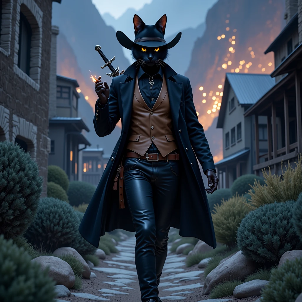 Puss is a orange cat he's wearing a black cavalier hat with a yellow feather, a black leather belt with a sword, a small black cape, and small black Corinthian boots anthro cat, male, adult, orange fur, buffed body, sexy, beefy body, furred body, beautiful, furry chest hair, realistic, full body, photorealistic, ultra realistic, 8k, night, bare-chested,