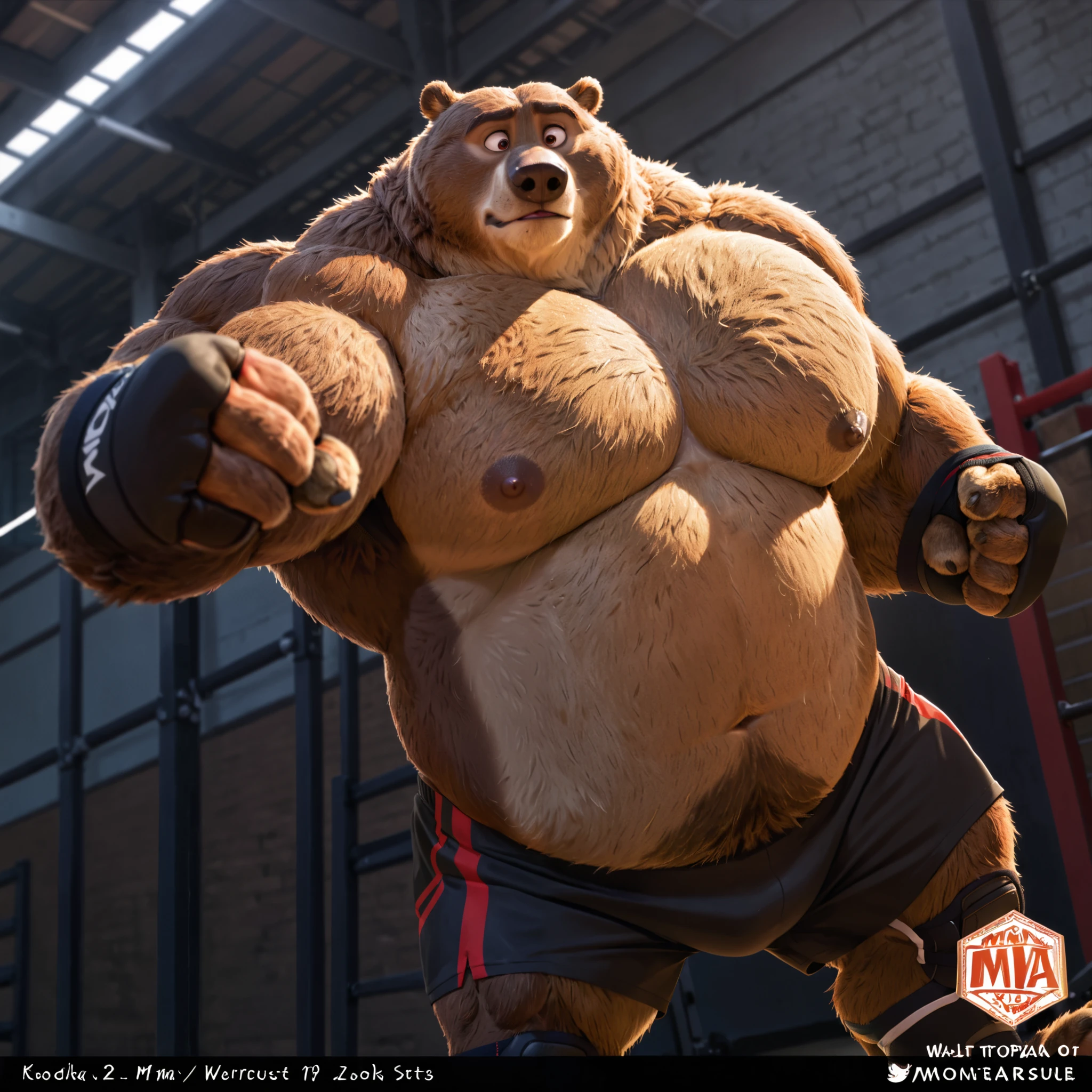 Solo, 1boy, Muscular Old, grunting, frustration glare, focus, look at viewer, wide shoulder, pectoral, thick arms, huge pectoral, wide pectoral, brown nose, height: 220cm, weight: 440lbs, a Kodiak brown bear in a black MMA shorts with red slits, wearing an MMA gloves with red knuckle pads and an ankle support brace as he workouts in the gymnasium warehouse, Walt Disney 2D Zootopia Animation Art Style,