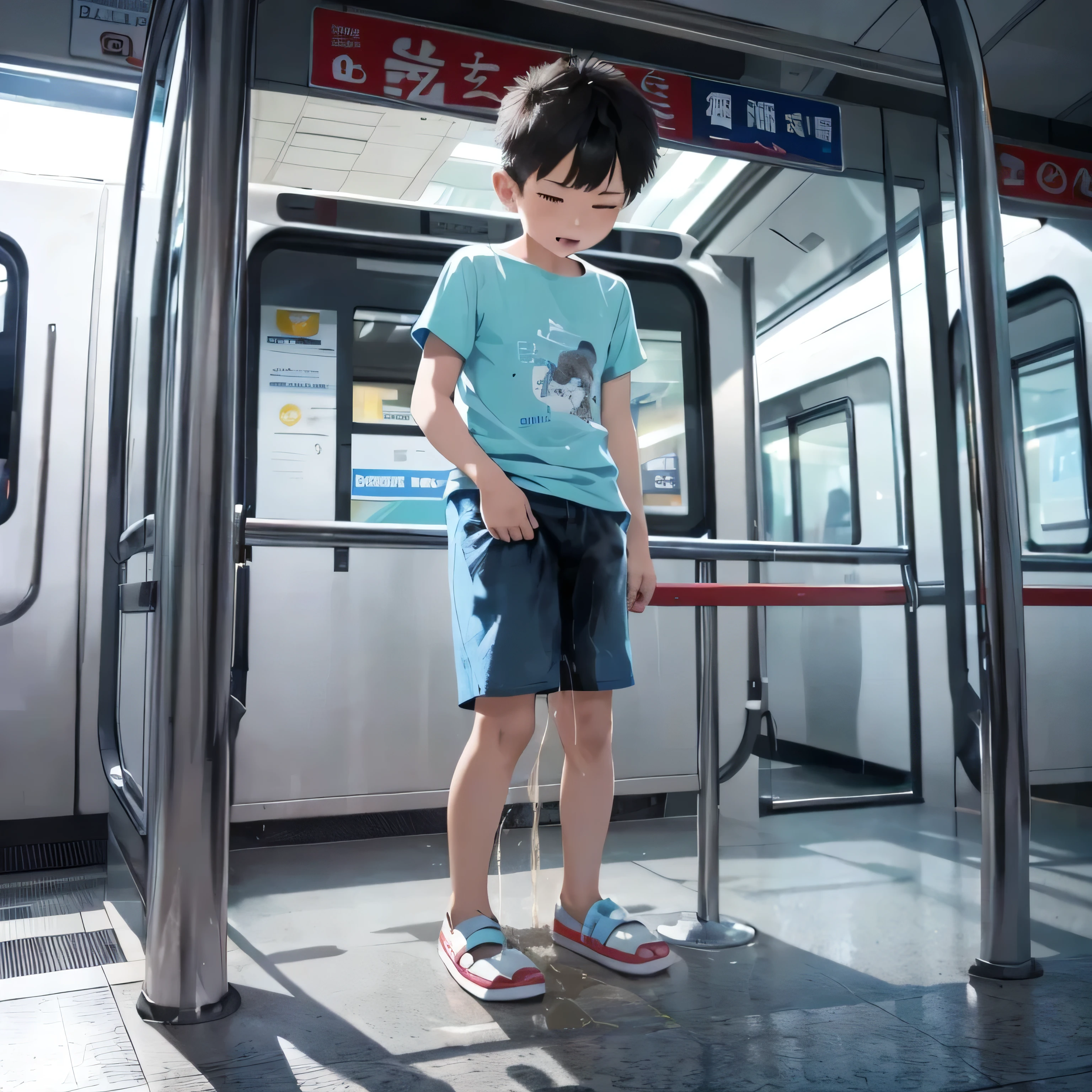 A Chinese boy around 7 years old，He wears a light blue short-sleeved shirt，Light blue shorts，espadrilles，At this point he was very urgent，Covering his crotch with his hands, he kneels in a crowded area of the train station.，But he was already peeing his pants，A large puddle of urine flowed from the ground，Cried out