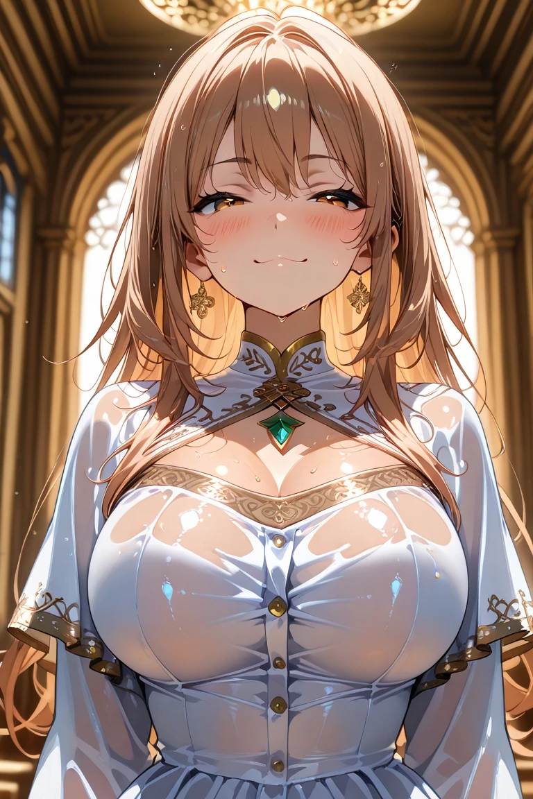 top-quality、high-level image quality、Super delicate、The whole picture、Beautiful girl with fair skin like a doll、ligh brown hair、Loose curly medium hair、bright yellow eyes、long lashes、big eye、Obscene bondage costumes、Colossal tits、timid