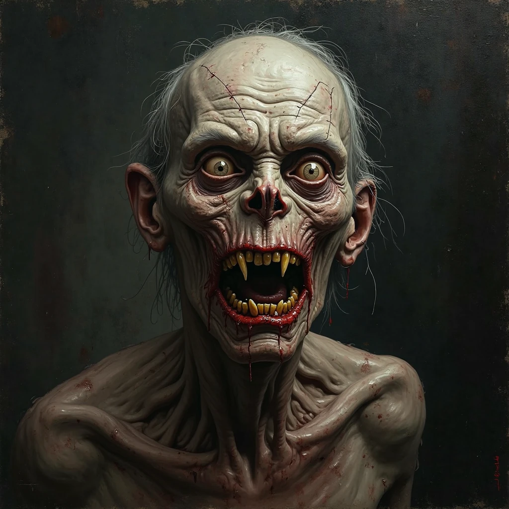 ugliest, scariest grotesque rotten face in the art style of Stephen Gammell