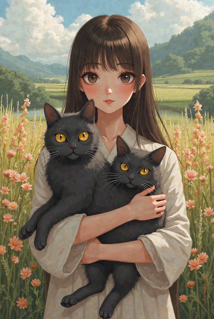 somewhat plump woman doing a pose holding her dark gray cat, girl with a pale complexion with almost black eyes and straight brown hair up to the waist, big but thin lenses and thin lips and thin nose. in the background there is a landscape of flowers with rice fields ALL IN GHIBLI STYLE