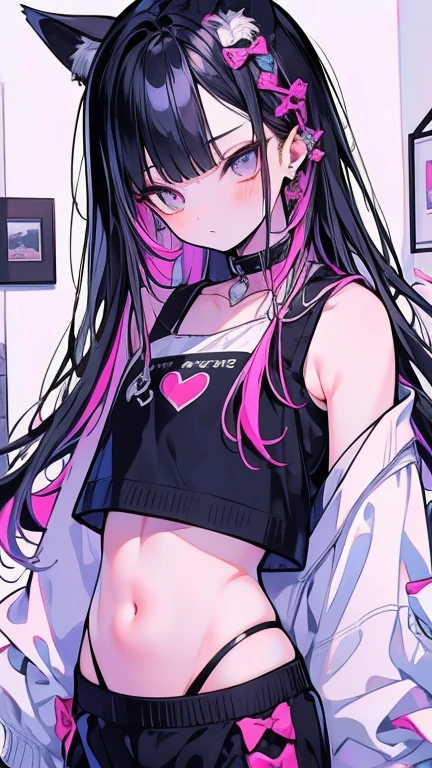 ((best quality,4K,high resolution,masterpiece:1.2)), (whole body:1.2), (Young Girls),(((Love Hotels)))、Contempt、 、Pink and black hoodie、1 Girl, Black Hair, long hair, Sleep, Light Particles, wallpaper, Extra short hot pants,A young girl lies flat on the bed in the bedroom, hugging her knees and showing a cute expression in the sun. Close-up,
slim body, perfect body, an anime printed super tight off shoulder long sleeve crop top, wearing super tight anime print micro shorts, a super aesthetic transparent mini jacket, beautiful hair ornament, pink jordan tennis, being photographed in a mall shop,( undressing, taking off micro shorts, showing neon pink panties, showing thong: 1.5),Denim short, clear and beautiful face、(Cute illustrations:1.2), High resolution, Extremely detailed, For the audience,