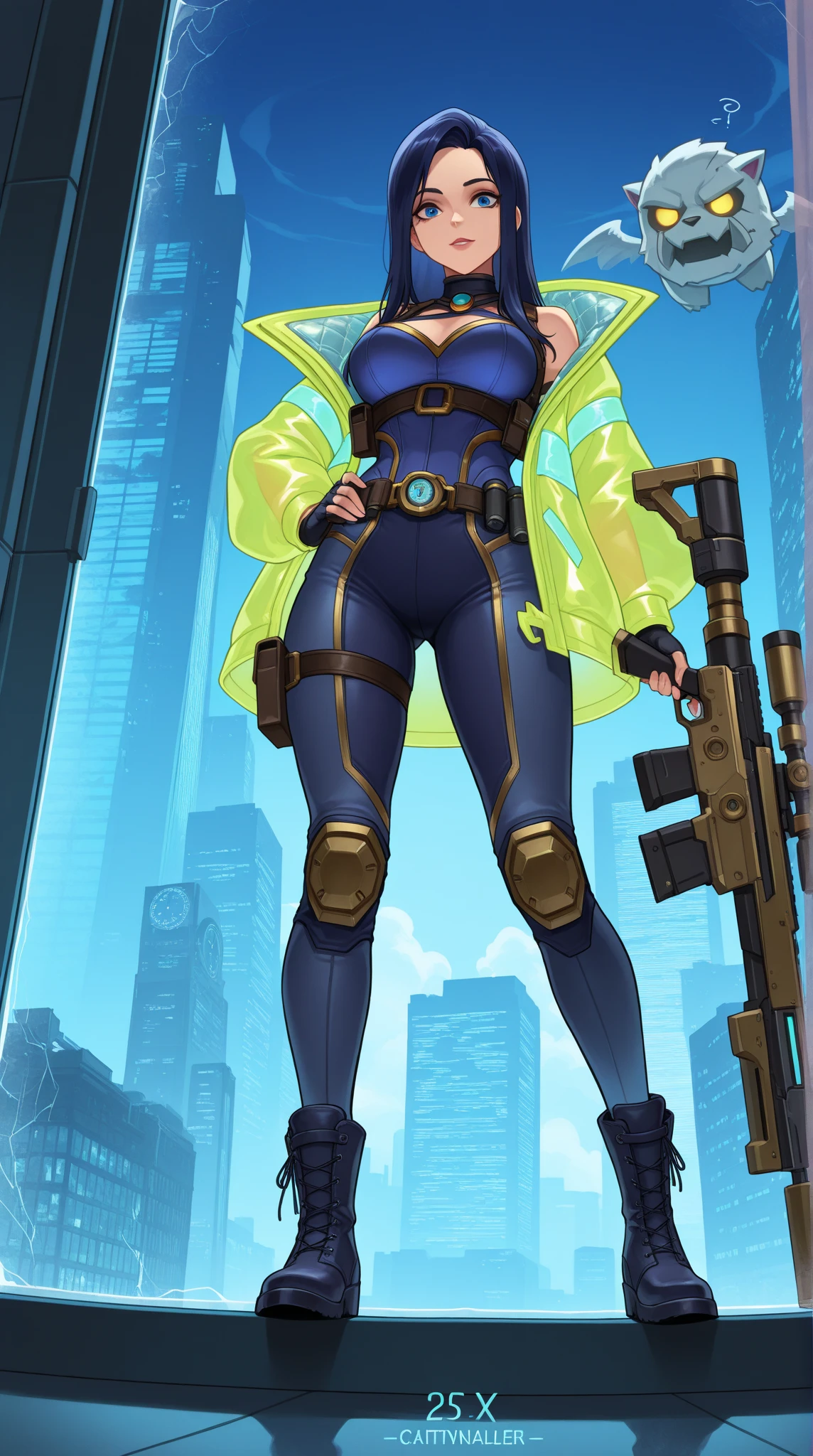 ((masterpiece,best quality)), 1female, 32 years old, Cyberpunk agent, weapon specialist, slightly serious expression, blue hair, yellow eyes, strong physique, black jumpsuit, metallic utility belt, boots, gun holsters, cyberpunk city in background, cinematic composition, dynamic pose,