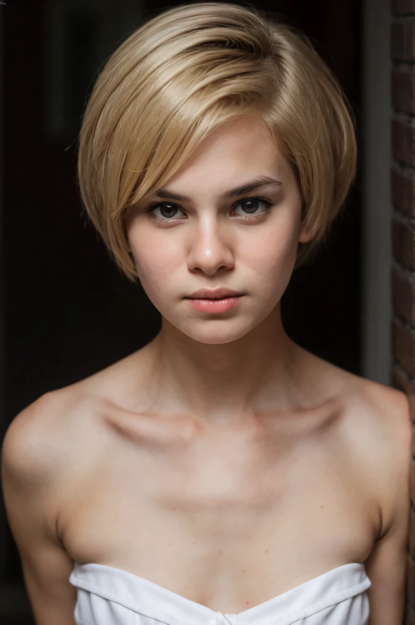 ((Femboy)), Shorthaircut Stylish, adorable, 1 femboy, (face to face), (sad face expression), half body portrait, (face details: 1), (eye details: 1), ((Tiny breasts)), Cute posed. proportional body. Ultra High Res. realistic: 1.4, UHD, (perfect white strapless) half body portrait