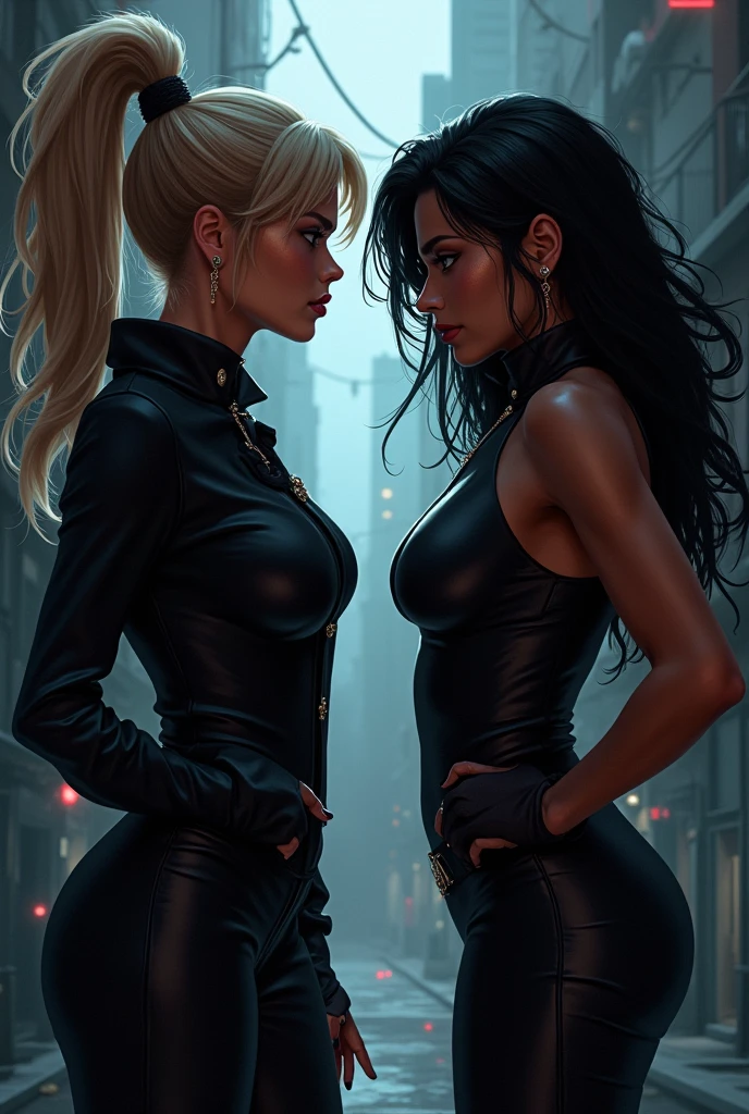 a man, forty years old, strong body, wearing black suit, short black hair, blonde woman, forty years old, big breasts, blue eyes, woman sitting on a desk with crossed legs, inside an office, big window, red curtains, at night, light of the moon, beautiful woman, medieval environment