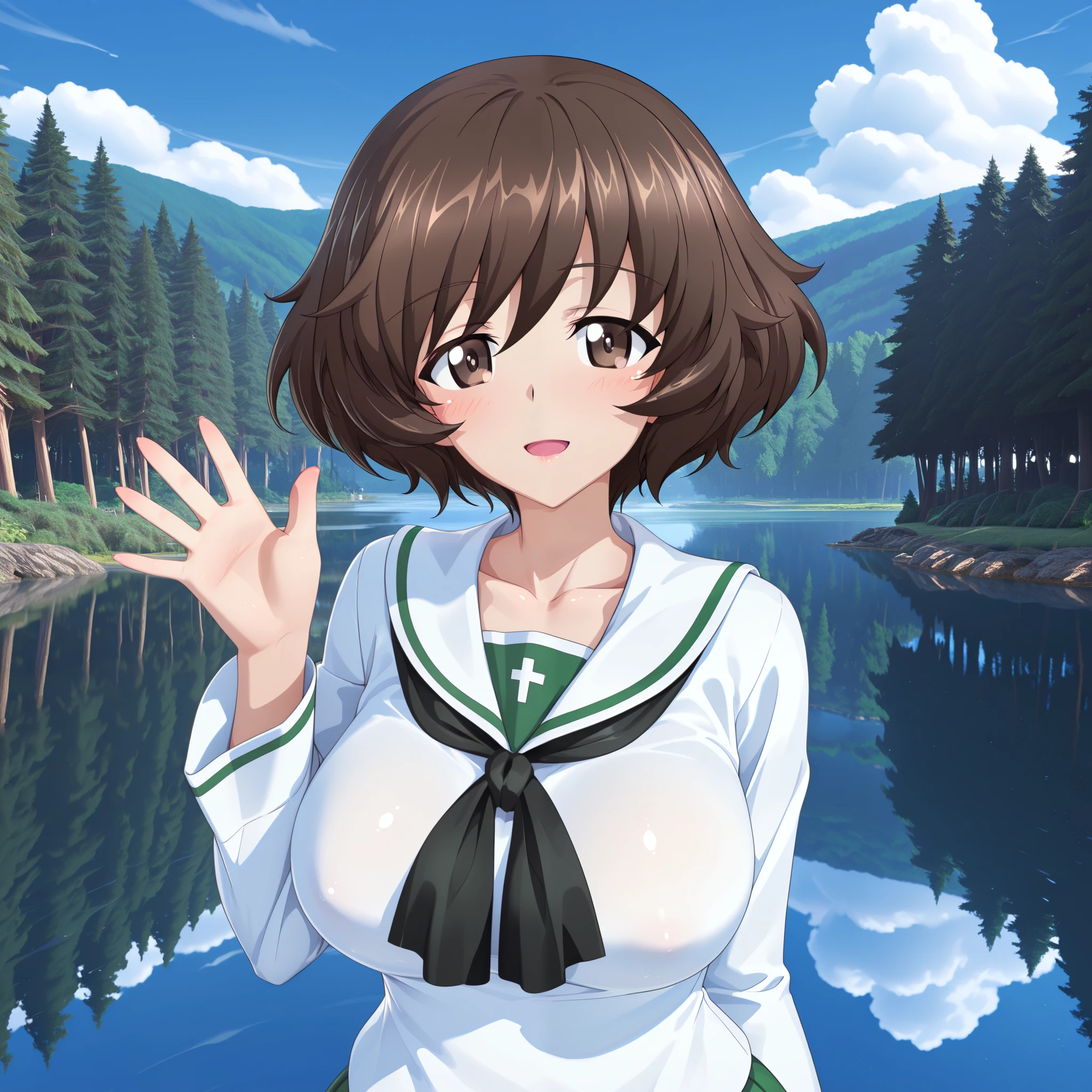 SFW, 8k, 3d , Masterpiece, very aesthetic, elegant mature woman, Akiyama Yukari (girl und panzer), oarai school uniform (white), beautiful blue sky background, at forest, lake, clouds, looking at viewer, waving hands gesture, sexy fingers,
