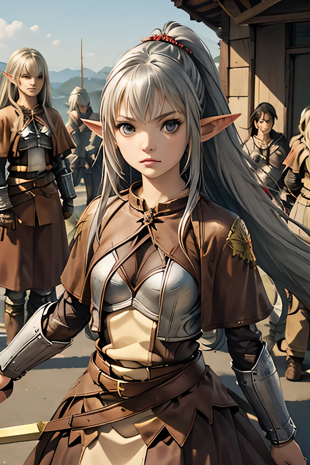 1girl, long hair, medium breasts, looking at viewer, ponytail, weapon, white hair, parted lips, solo focus, pointy ears, belt, grey eyes, elf, pauldrons
