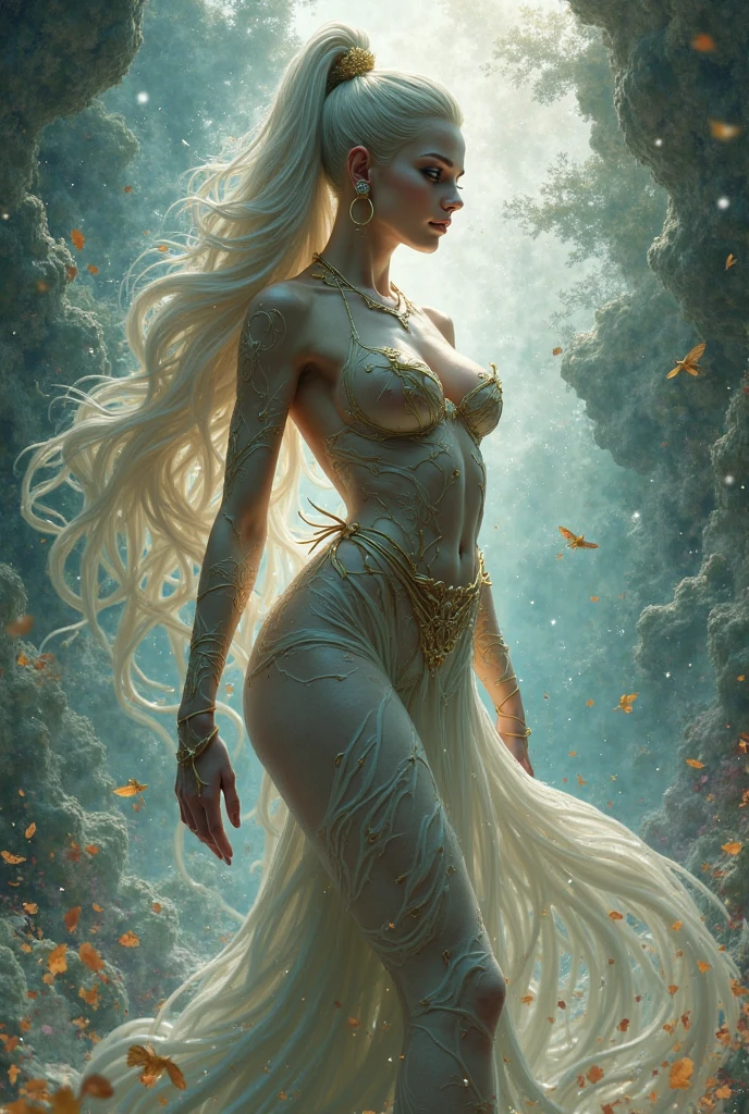 Female wind god, Green Skin, Full body image, Covered nipples, Flowing, silky blonde hair, White shawl