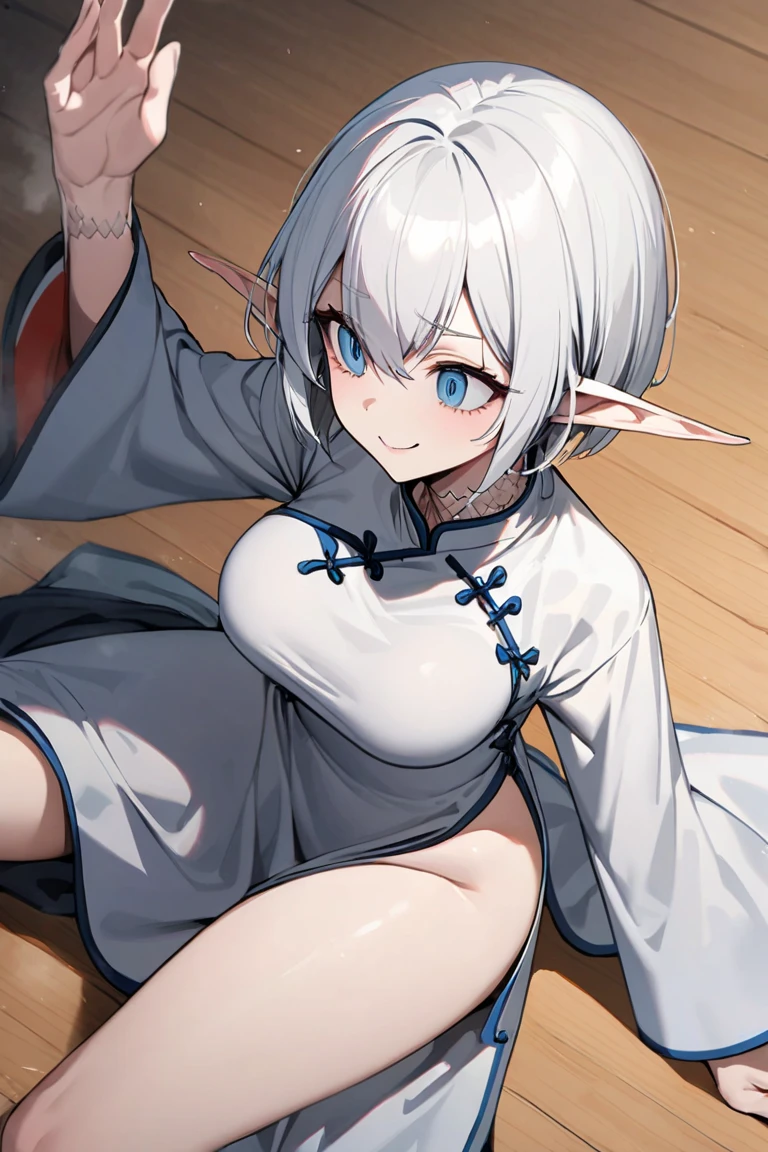 Small body, Blush, 2 leg, Small chest, short body, 1 girl, Old, Blue eyes, Long silver hair, Dragon horn, Dragon tails, 2 Dragon hand, wears a delicate silver hairpin shaped like a dragons, Dragon kimono, obi, (8k, RAW photo, best quality, masterpiece: 1.2), (realistic: 1.6), (masterpiece), (best quality: 1.0), (ultra hi-res: 1.0), detail, 40s, one, detail beautiful skin, detail room, ,realistic skin