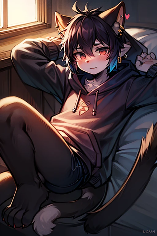 1male, skinny body, Dressed in black panties, long black socks, Dressed in a T-hoodie, Striking a sexy pose lying on a white bed,