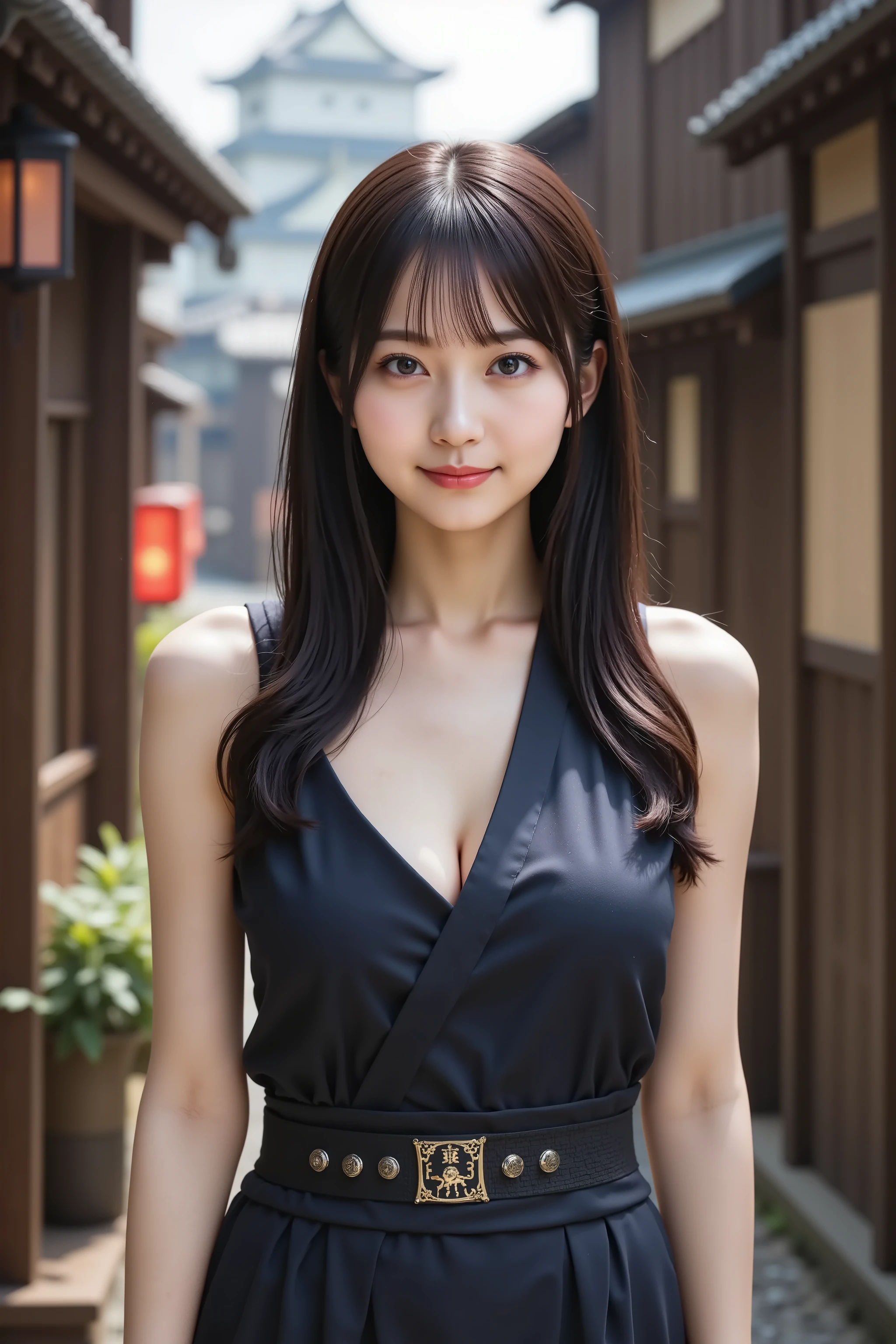 Big breast, Ultra-detailed 8K digital illustration of a beautiful young Asian woman dressed in traditional ninja attire, rendered with breathtaking precision. The image is a waist-up shot capturing her stealthy yet poised demeanor, with long, silky black hair flowing in soft, natural waves that frame her enigmatic, determined face. Her eyes, filled with unwavering resolve and a hint of mystery, convey both strength and stealth. She is clad in meticulously crafted ninja garb—a dark, form-fitting outfit accented with subtle, intricate detailing that expresses a perfect blend of lethal agility and refined elegance. Lightweight, flexible fabrics replace heavy armor to facilitate silent movement, while a discreet array of traditional ninja tools is seamlessly integrated into her attire. At her waist, a finely forged Japanese sword—its blade gleaming with a razor-sharp edge and adorned with minimalistic yet traditional carvings—is securely fastened, symbolizing her lethal expertise and the storied legacy of the ninja.
The background immerses the viewer in an evocative Edo-period townscape, where historic wooden structures line narrow, winding streets. Drawing inspiration from the charming ambiance of Kyoto’s traditional neighborhoods, the scene is enriched with authentic details: weathered timber beams, softly illuminated lanterns, and subtle hints of nature reclaiming the urban landscape. Edo Castle looms majestically in the distance, its imposing silhouette and intricate architectural details radiating a sense of cultural grandeur and historical significance. The interplay of cool, muted natural light filtering through the alleyways and the delicate shadows cast by the wooden facades creates a mysterious atmosphere, perfectly balancing the enigmatic figure of the female ninja with the evocative, time-honored setting of an ancient Japanese town.