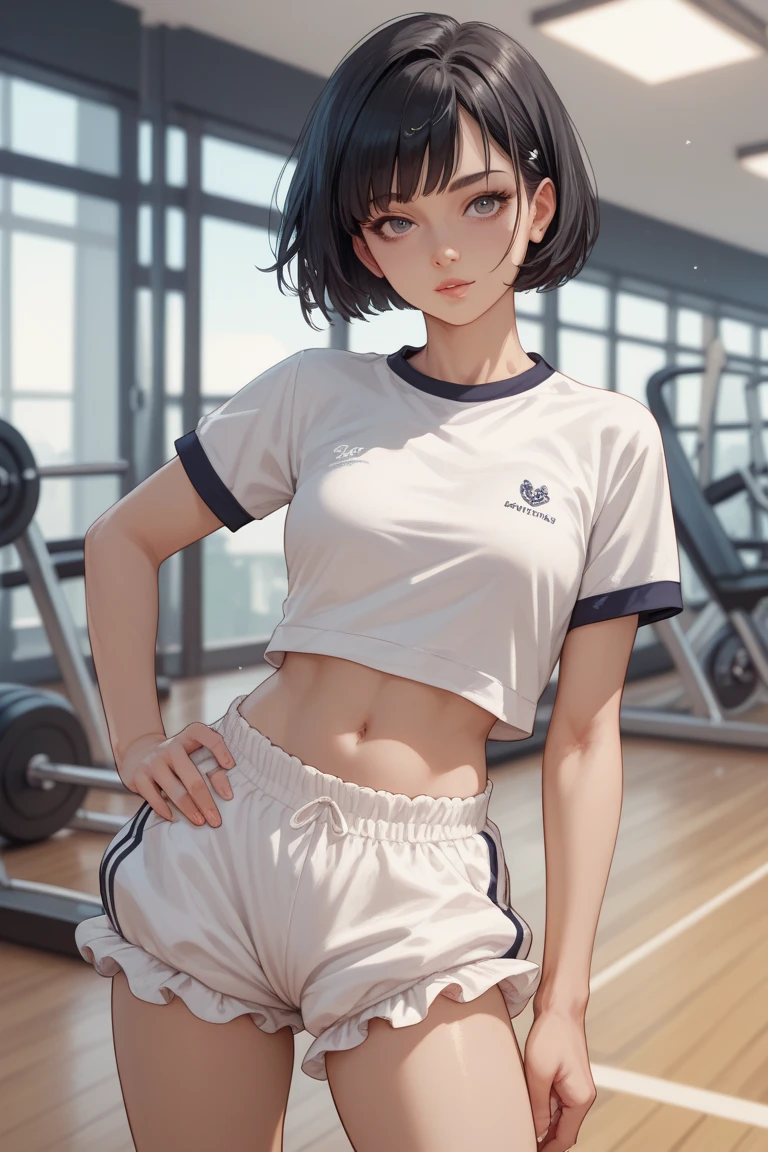 tennis、short-cut、Show your teeth and smile、Tennis Shoes、Complete Anatomy、perfectly flat breast、cute face、Shortcut Hair、Natural lighting、dynamic ungle、inside in room、sitting on、very small waist、skinny thigh