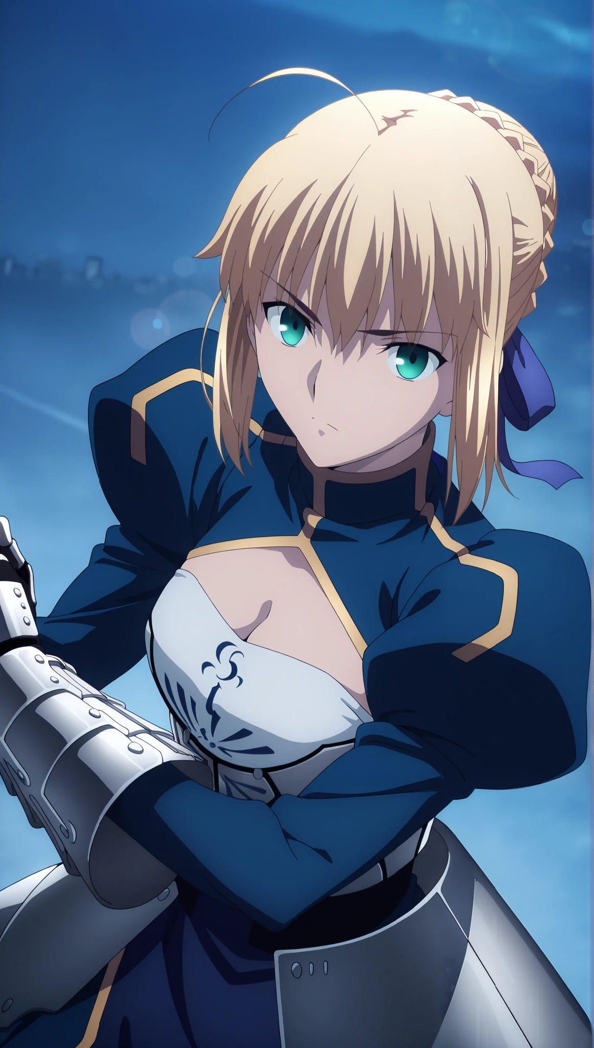 masterpiece, , absurdres, highres, detailed background, high resolution, masterpiece, necessary, detail, best quality, quality, necessary, details, High details, Precise,, steam, fog, load, city, dark, outdoors, lens flare, blurry background, night , from above, girl, ufotable style, anime style, anime screenshot, by ufotable, fate \(series\), heaven's feel, ((half eyes closed)), serious look, upper body, close view,(dutch angle), looking at viewer, cleavage,
girl, mature, tall female,1girl, artoria pendragon (fate), saber (fate), blonde hair, green eyes, hair ribbon, blue ribbon, french braid, braided bun, single hair bun, short hair, sidelocks, turtleneck, blue dress, armored dress, long sleeves, juliet sleeves, gauntlets, faulds, thigh, long dress, medium breast, (anime coloring:1.2), (anime screencap:1.2), (pose:1.2),