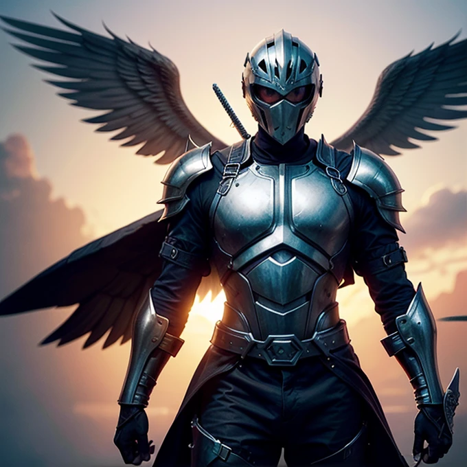 A human being with black arms and legs, a blue t-shirt and gray pants. Uses a sword to fight and has wings, a chainsaw helmet, he has a stone ass.