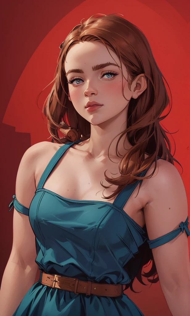 one girl, hermione granger, solo, abs, slender body, (upper body, bust:1.2), brown eyes, brown hair, (red clothes, tiny breasts, small breasts, male chest, cleavage, deep cleavage:1.5), bare shoulders, masterpiece, highly detailed, look at viewer, shiny blured orange background, gradient sprayed background, front view, gradient red purple background, blured background, glowing edges of image