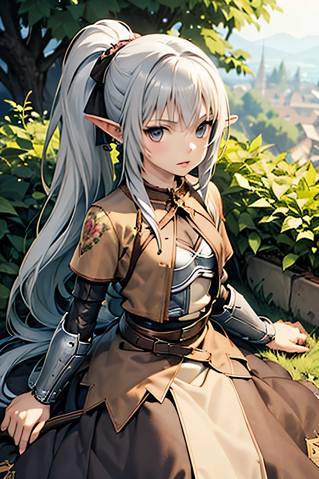 1girl, long hair, medium breasts, looking at viewer, ponytail, white hair, parted lips, solo focus, pointy ears, belt, grey eyes, elf, pauldrons