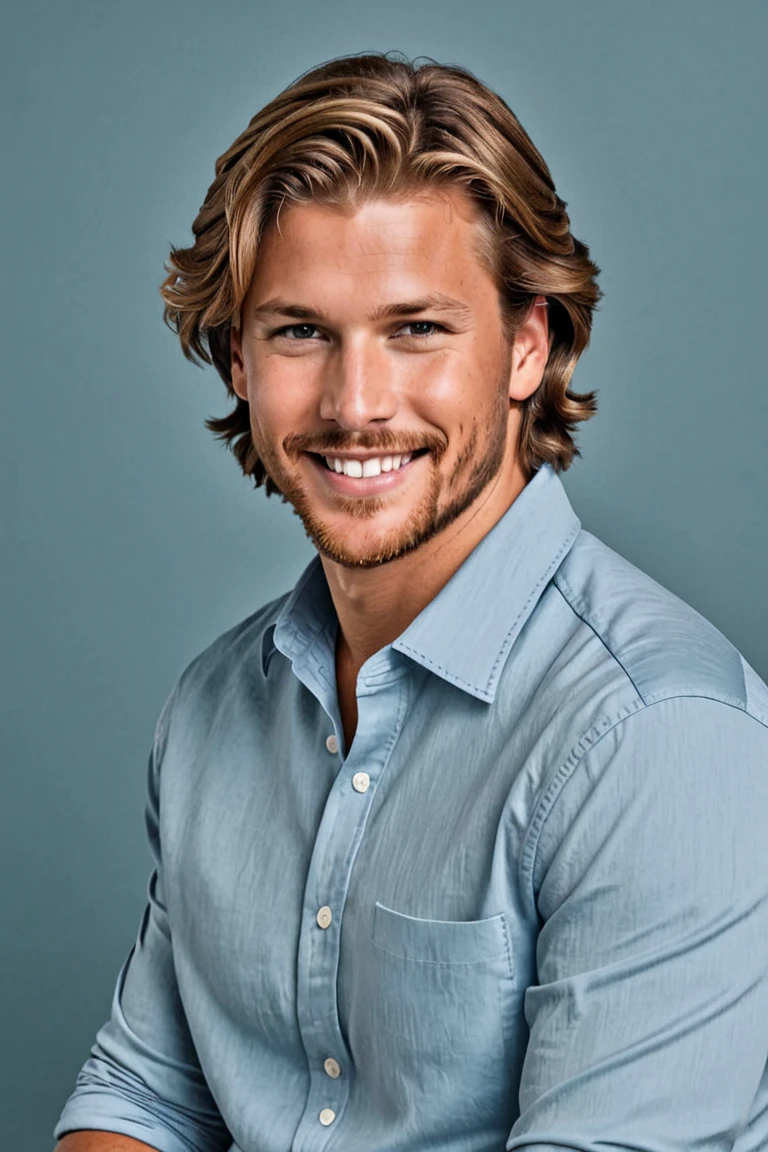aaronsynthxl, studio portrait, realistic, wavy messy hair,
smile,
simple background,
profile:2, looking away:2, from the side,
from below,