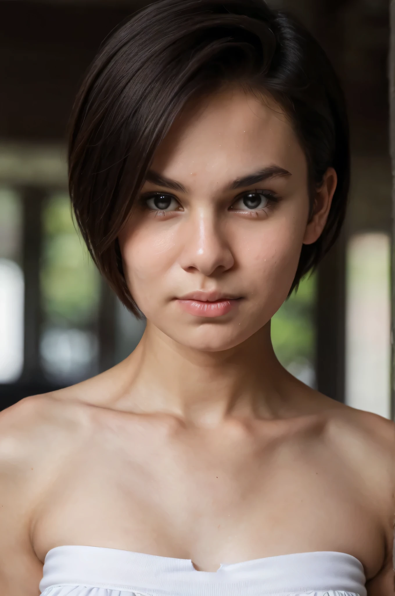 ((Femboy)), Shorthaircut Stylish, adorable, 1 femboy, (face to face), (sad face expression), half body portrait, (face details: 1), (eye details: 1), ((Tiny breasts)), Cute posed. proportional body. Ultra High Res. realistic: 1.4, UHD, (perfect white strapless:1.2) (half body portrait:1.1) thong white