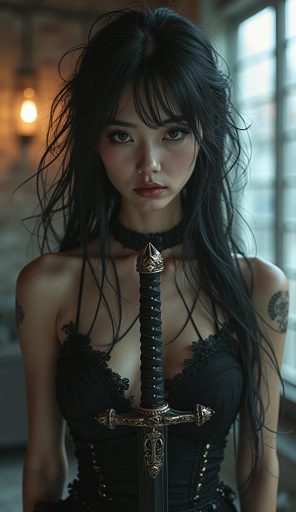 (photorealism:1.2), beautiful front face woman long nose, black eye, white face, wear loss top, and bra, standup with long stick, 