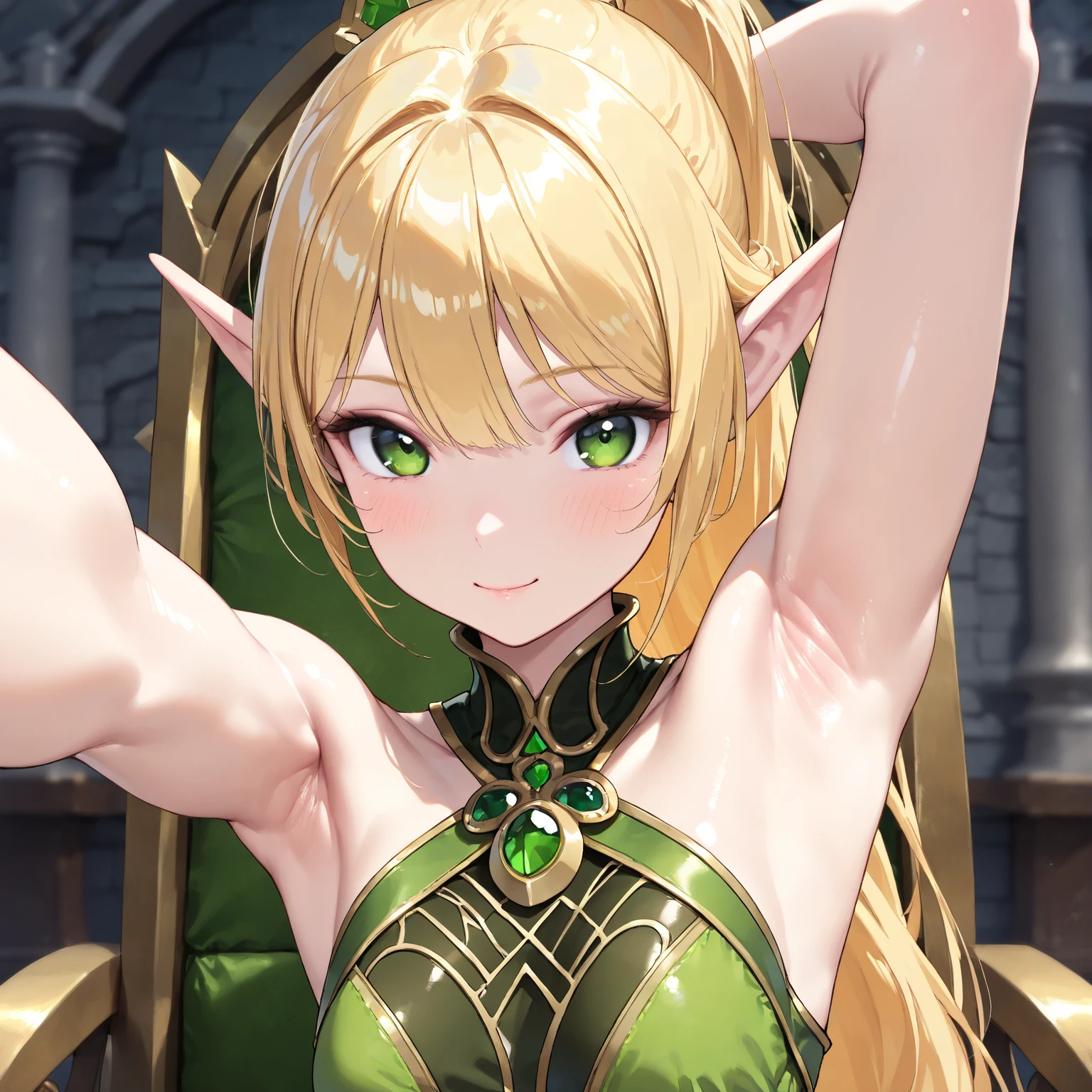 best quality, super fine, 16k, incredibly absurdres, extremely detailed, delicate and dynamic, cool and beautiful pretty elf woman, blonde half-up hairstyle, blonde princess cut hairstyle, blonde hime-cut hairstyle, golden eyes, captivating look, aroused expression, tall and stylish, shrine maiden outfit, wonderful effects that highlight the subject, gorgeously decorated frame, gorgeously decorated picture frame