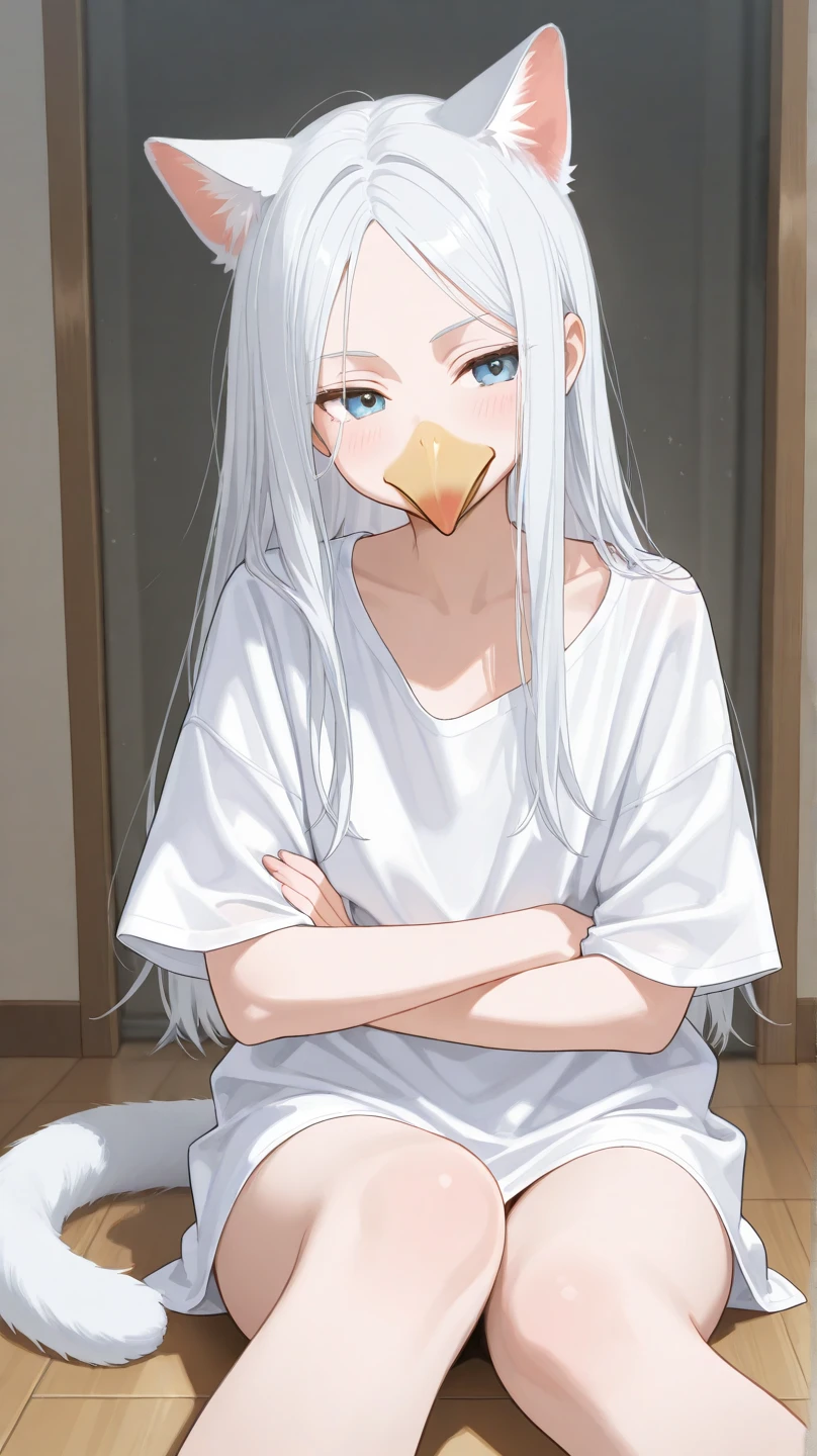 1girl,animal,((bird on shoulder)),(in ABeS567 style:1.1),masterpiece,high quality,silver hair,small breasts,naked, <lora:ABeLoRaXL-000007:1>