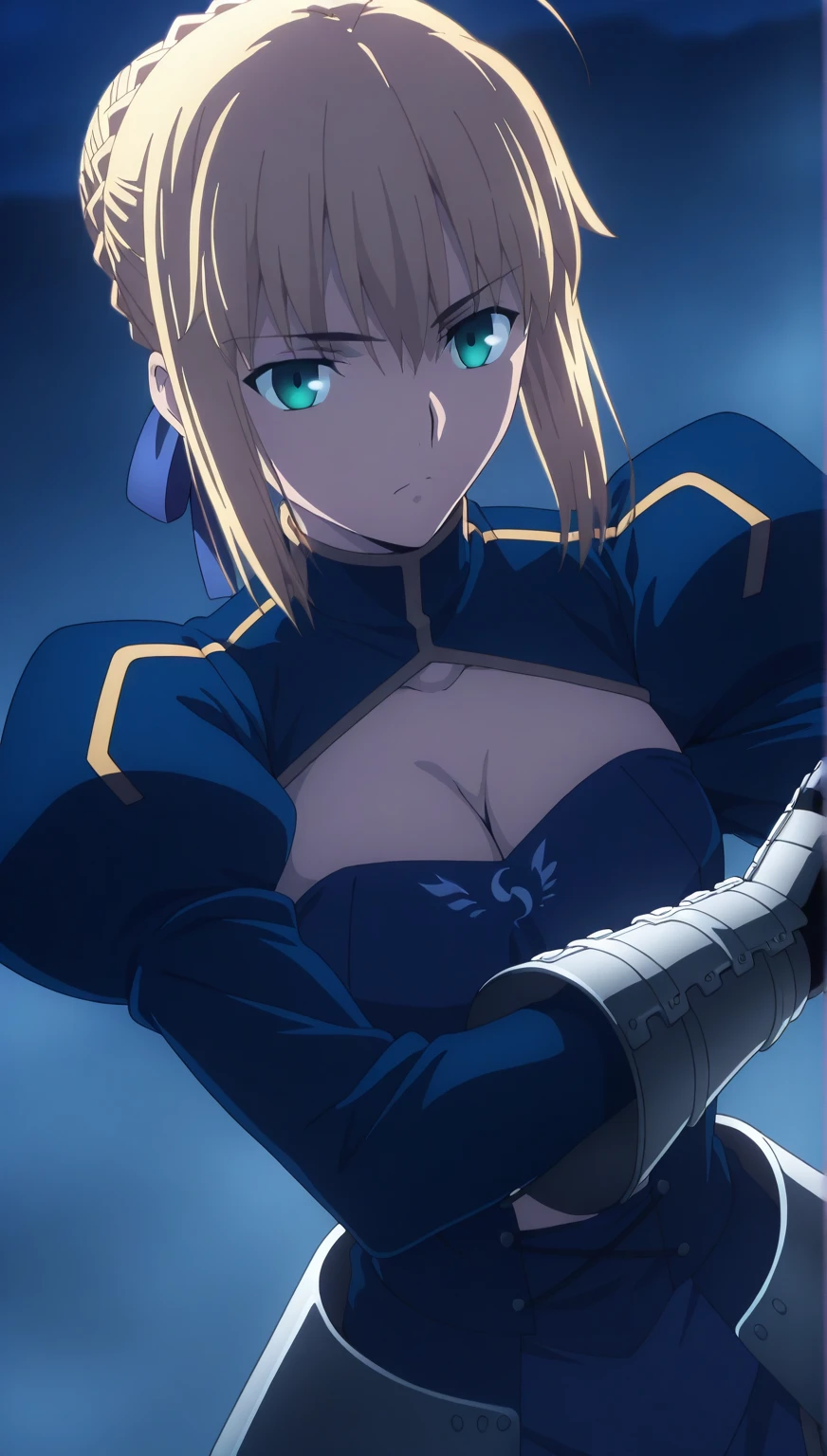 (best quality, High resolution), closeup portrait, Arturia Pendragon Lancer, Artoria Lancer, braid, Adult women, Green eyes, crown, turtleneck sweater, Cleavage cut, Sleeveless, Blue tights, gauntlet