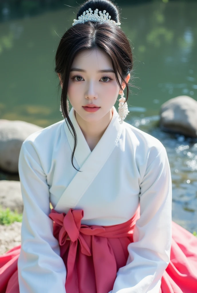 ((top quality, 8k, masterpiece: 1.3)), beauty. hidden face. body slim thin seductive. ((Queen's Mother. Korean royal empress)), very detailed lips, detailed eyes, double eyelid, face with makeup. lipstick. hair accessories, hair bun.
((Wet hanbok)),
long legs_whole body. sit down. on the rocks. at the edge of the waterfall, (((busty)))