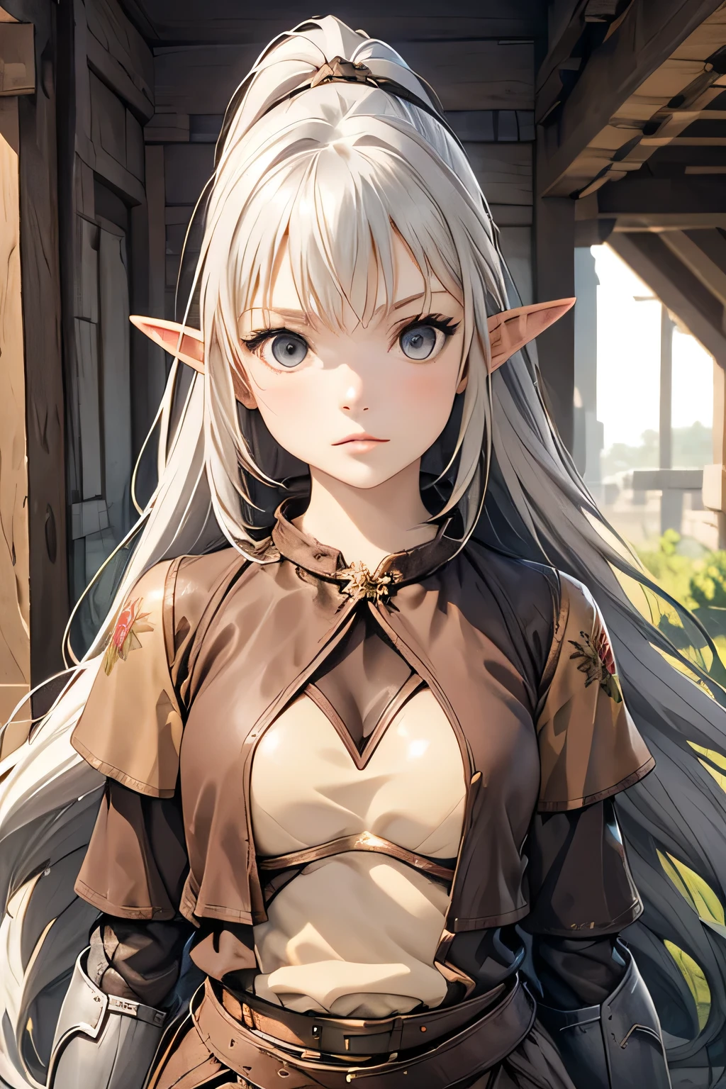 1girl, long hair, medium breasts, looking at viewer, ponytail, white hair, parted lips, solo focus, pointy ears, belt, grey eyes, elf, pauldrons