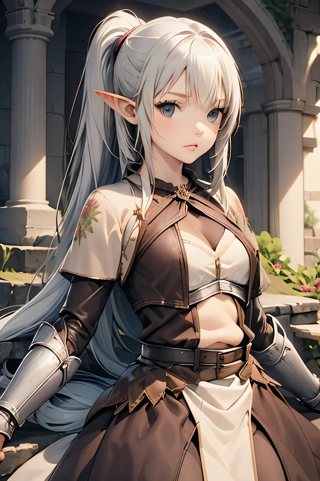 1girl, long hair, medium breasts, looking at viewer, ponytail, white hair, parted lips, solo focus, pointy ears, belt, grey eyes, elf, pauldrons
