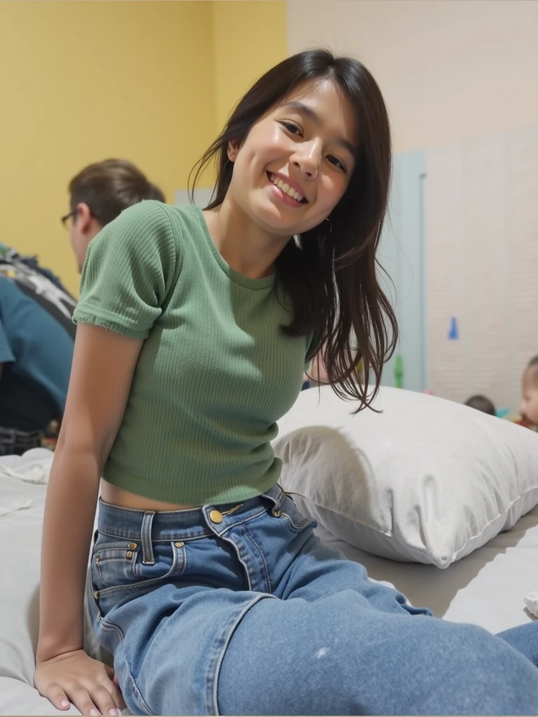 indigenous 12 years old, sitting on a sofa at home, smiling, happy, emanating happiness, wearing top and tight jeans