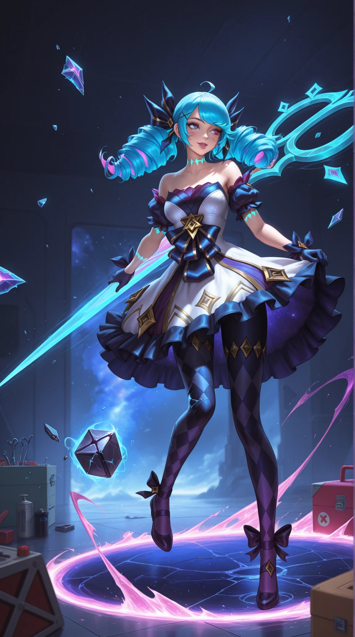 gwen \(league of legends\) holding her weapon in the form of scissors, energy needles around her, magical aura around the character.