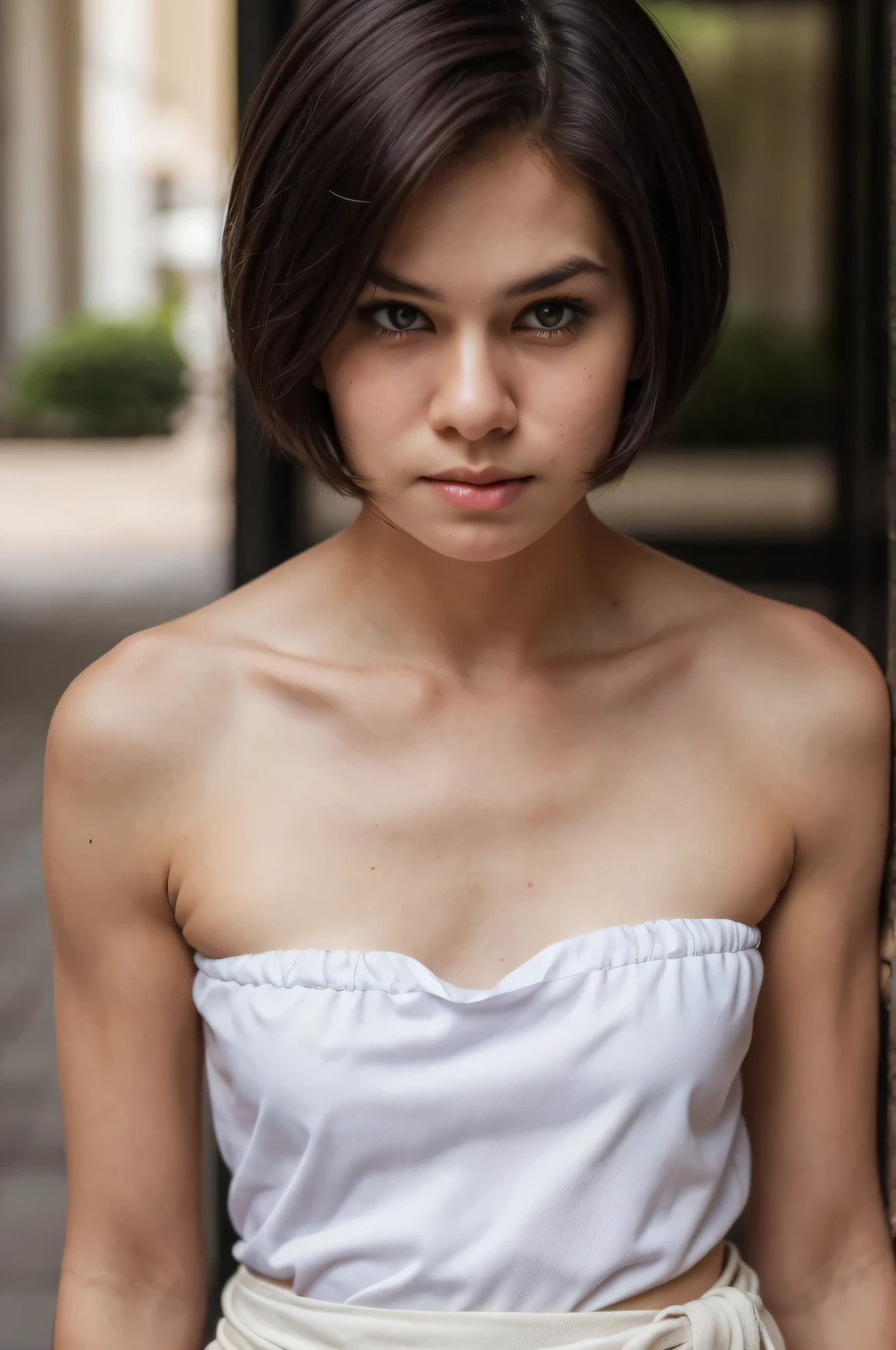 ((Femboy)), Shorthaircut Stylish, adorable, 1 femboy, (face to face), (sad face expression), half body portrait, (face details: 1), (eye details: 1), ((Tiny breasts)), Cute posed. proportional body. Ultra High Res. realistic: 1.4, UHD, (perfect sarong white strapless:1.2) (half body portrait:1.1) thong white 